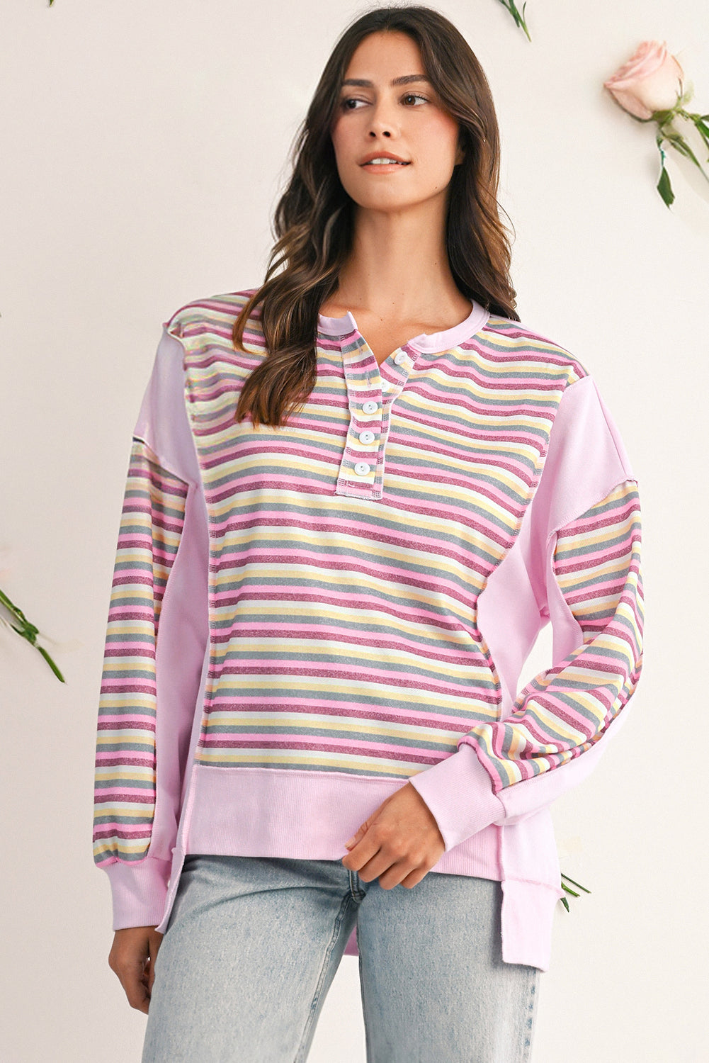 Pink Striped Patchwork Button V Neck Pullover Sweatshirt
