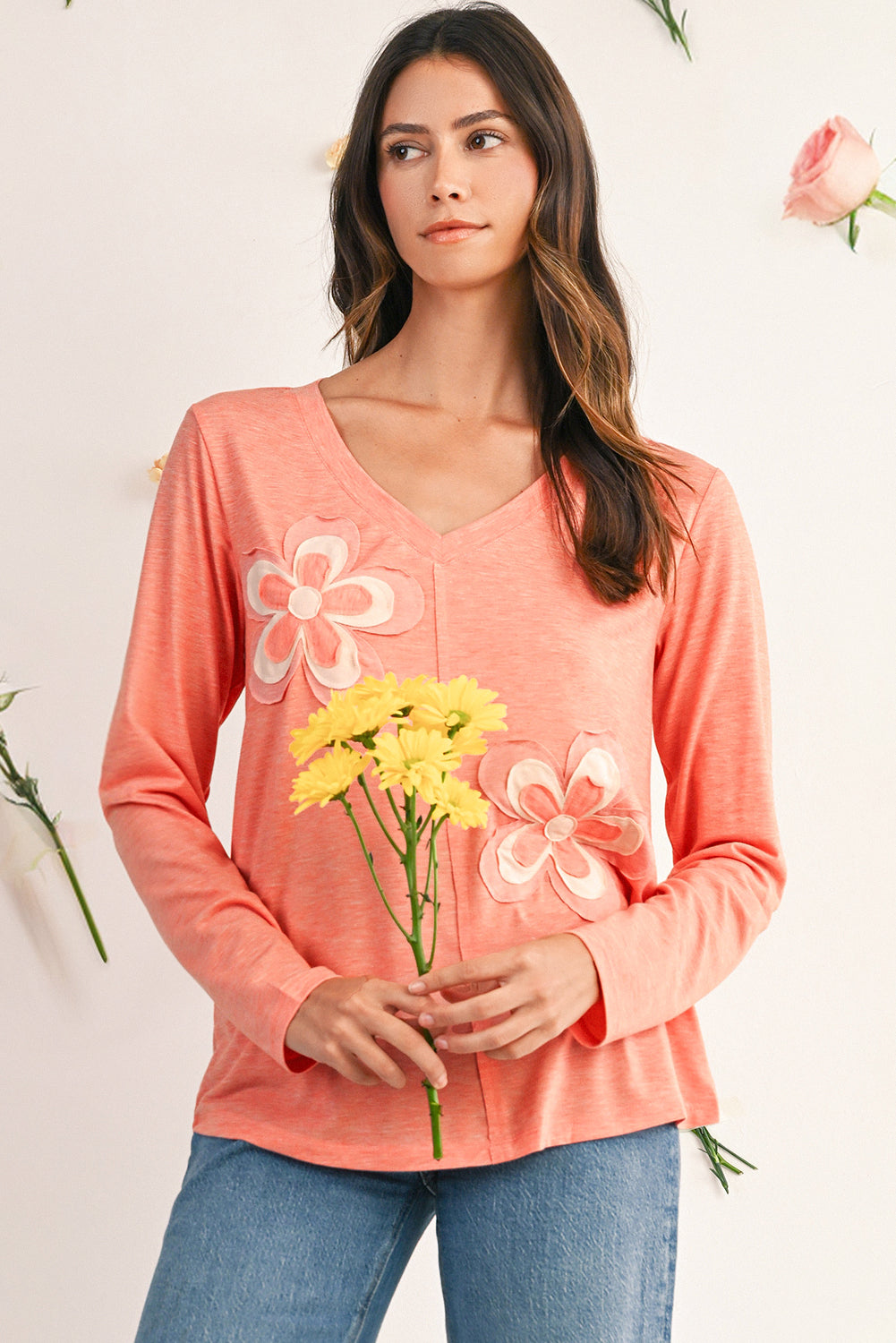 Straw Yellow Floral Patched V Neck Long Sleeve Top