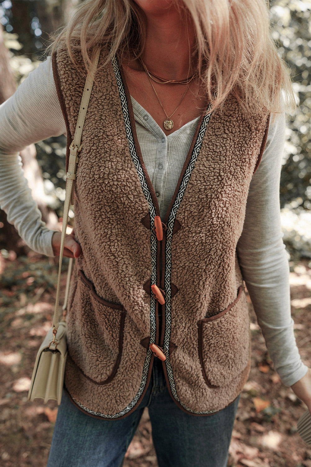 Dark Khaki Sherpa Contrast Trim Patch Pocket Cartridge Toggle Button Vest