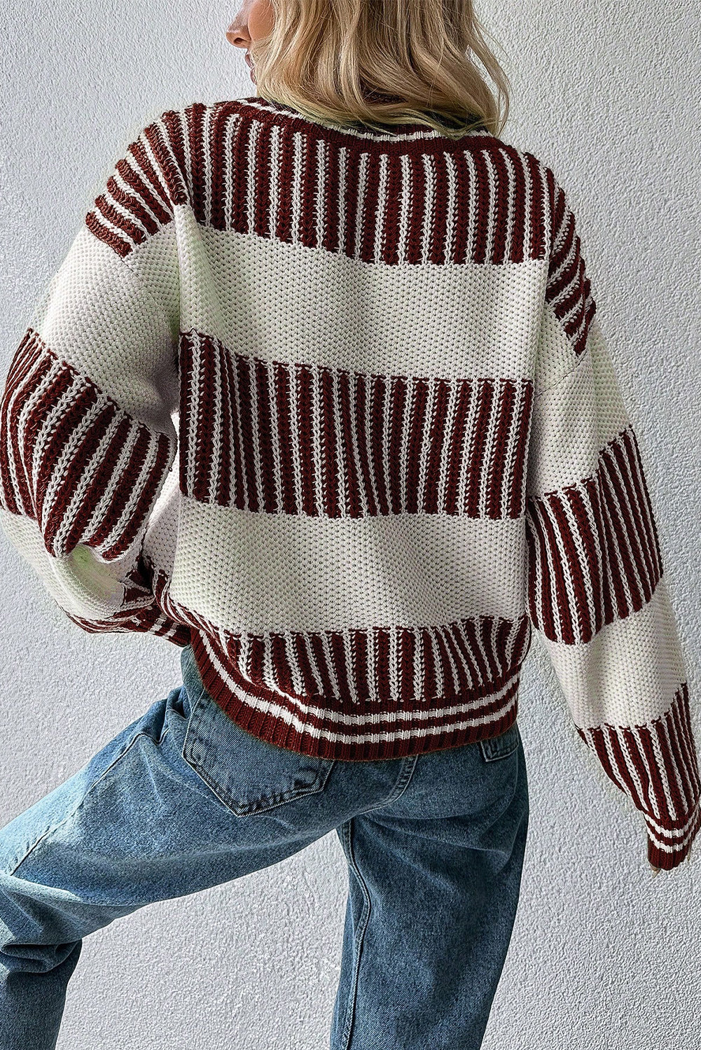 Khaki Two Tone Striped Patchwork Drop Shoulder Sweater
