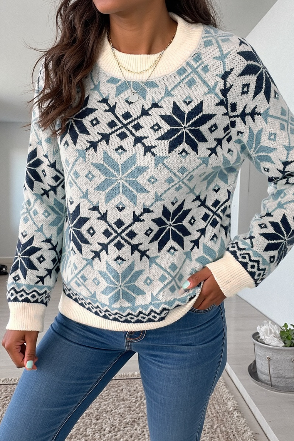 Sky Blue Snowflake Geometric Pattern Fashion Sweater