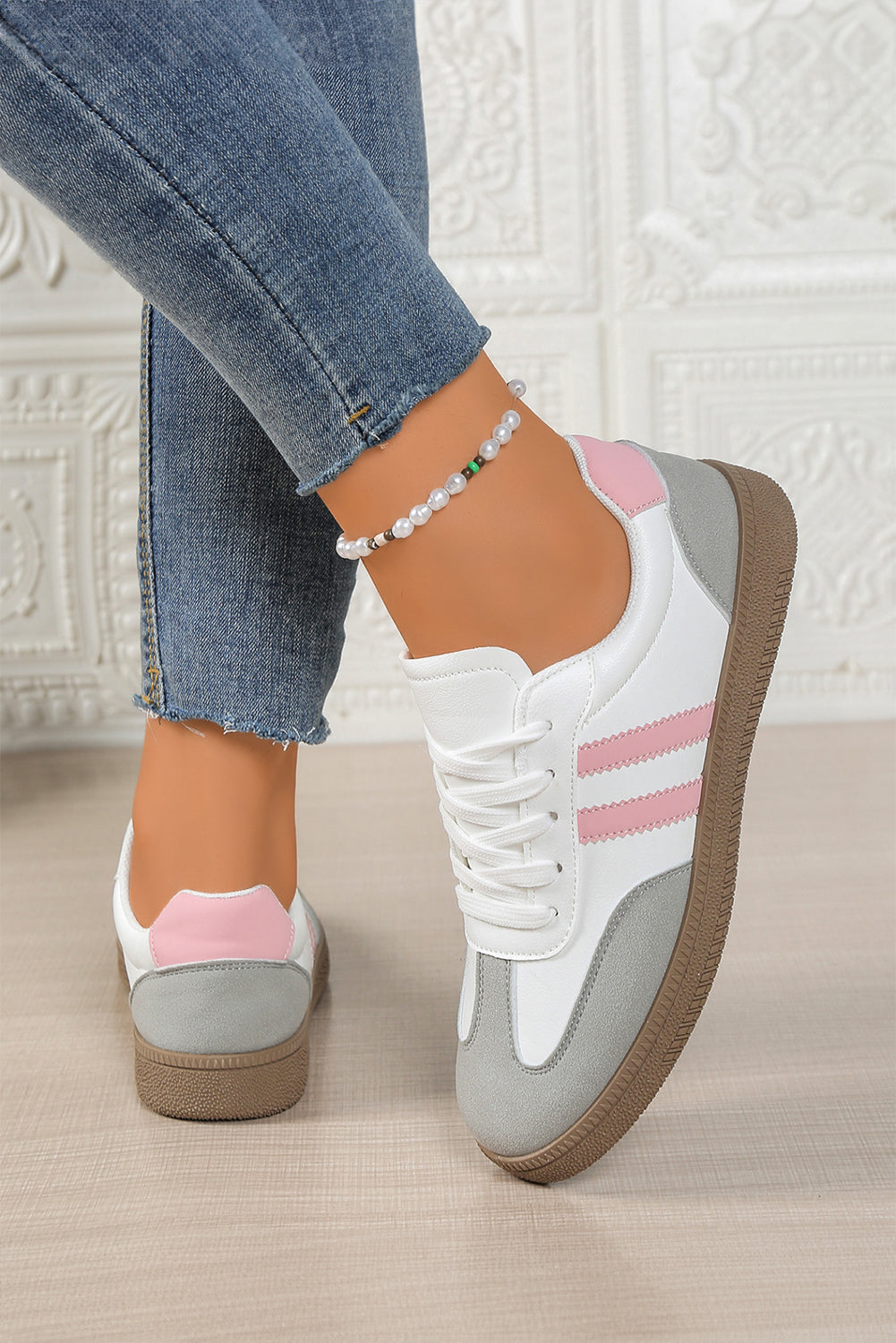 Rose Red Color Block Lace Up Sneakers