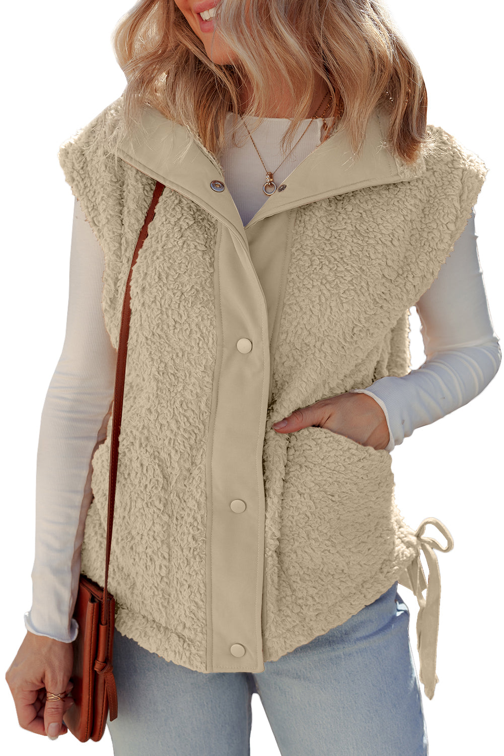 Cinnamon Faux Fur Snap Button Front Knot Side Plush Vest