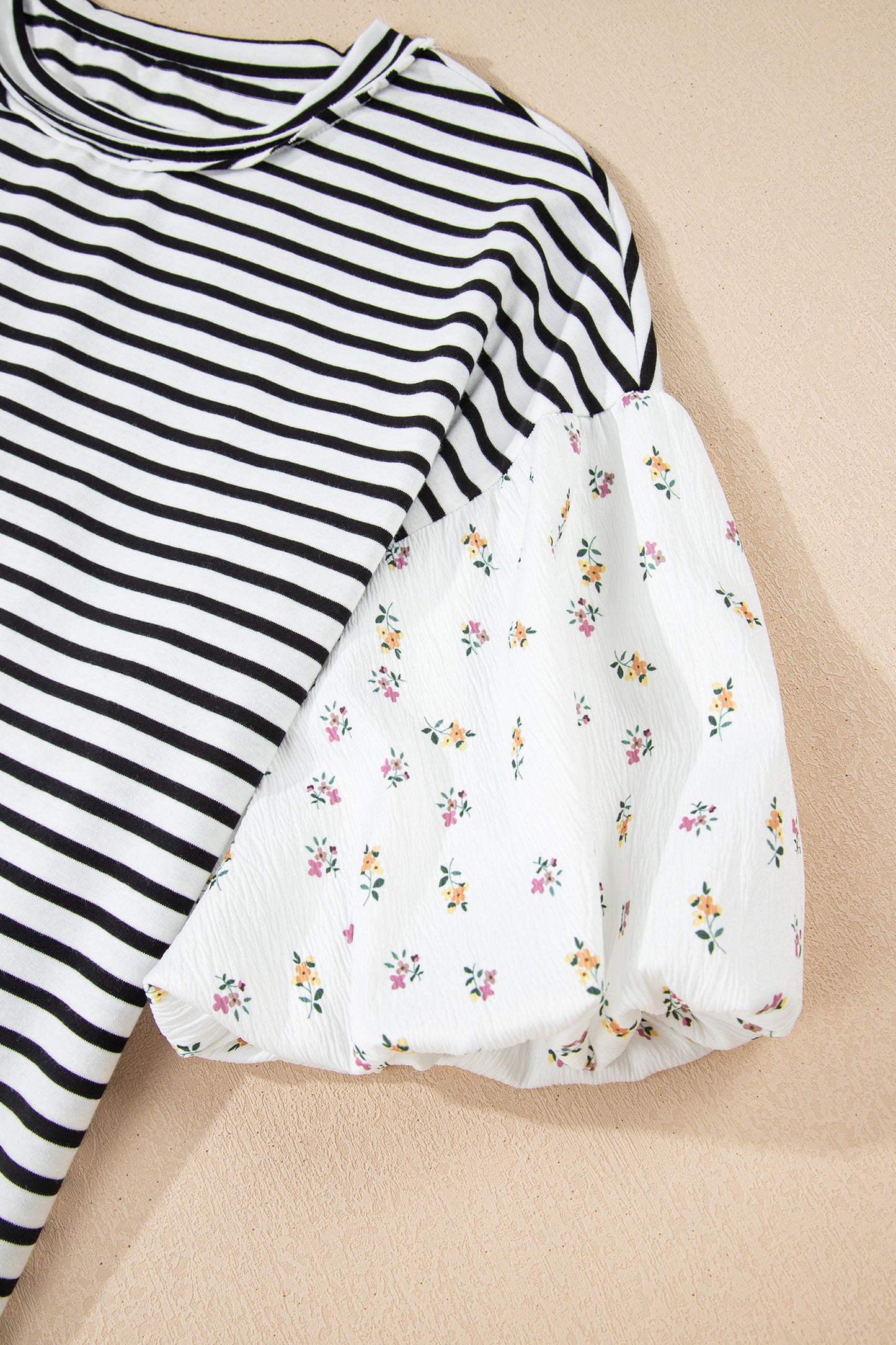 Green Stripe Floral Puff Sleeve Patchwork Round Neck Loose Top