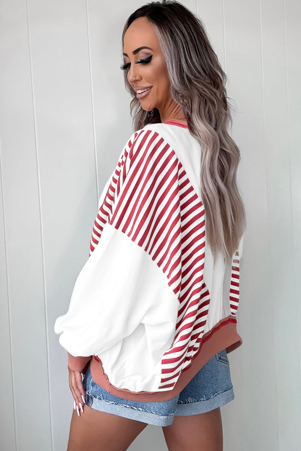 Brown Striped Colorblock Patchwork Oversized Sweatshirt
