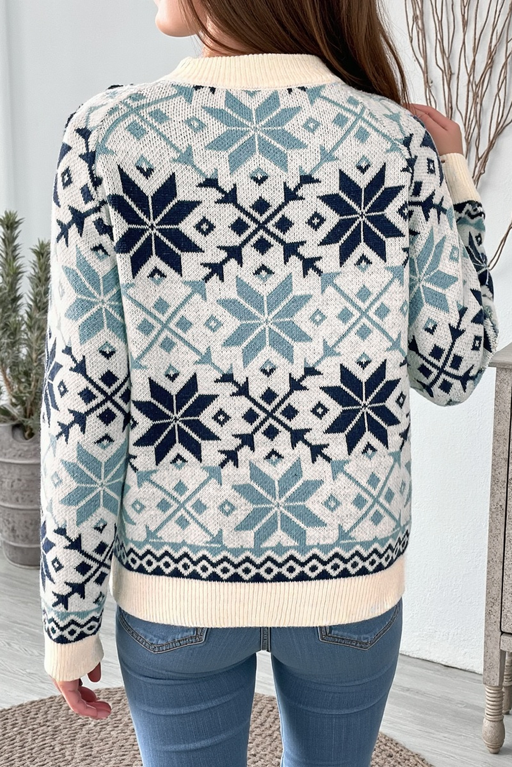 Sky Blue Snowflake Geometric Pattern Fashion Sweater