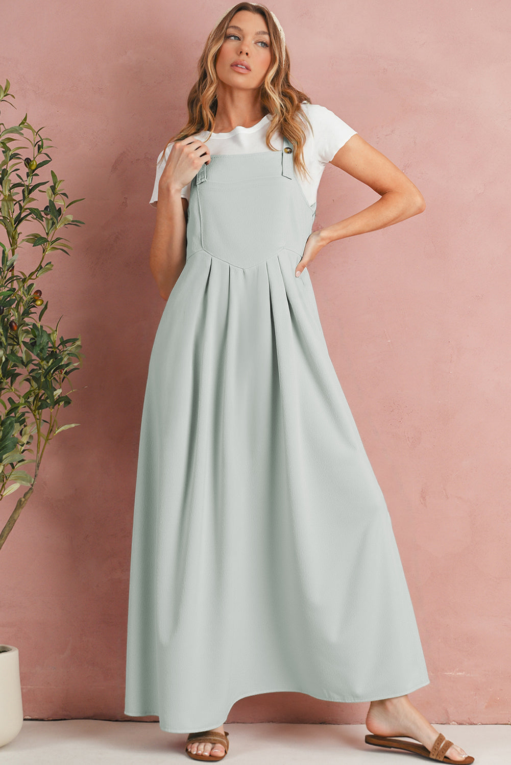 Light Grey Solid Color Pocket Overall Dress
