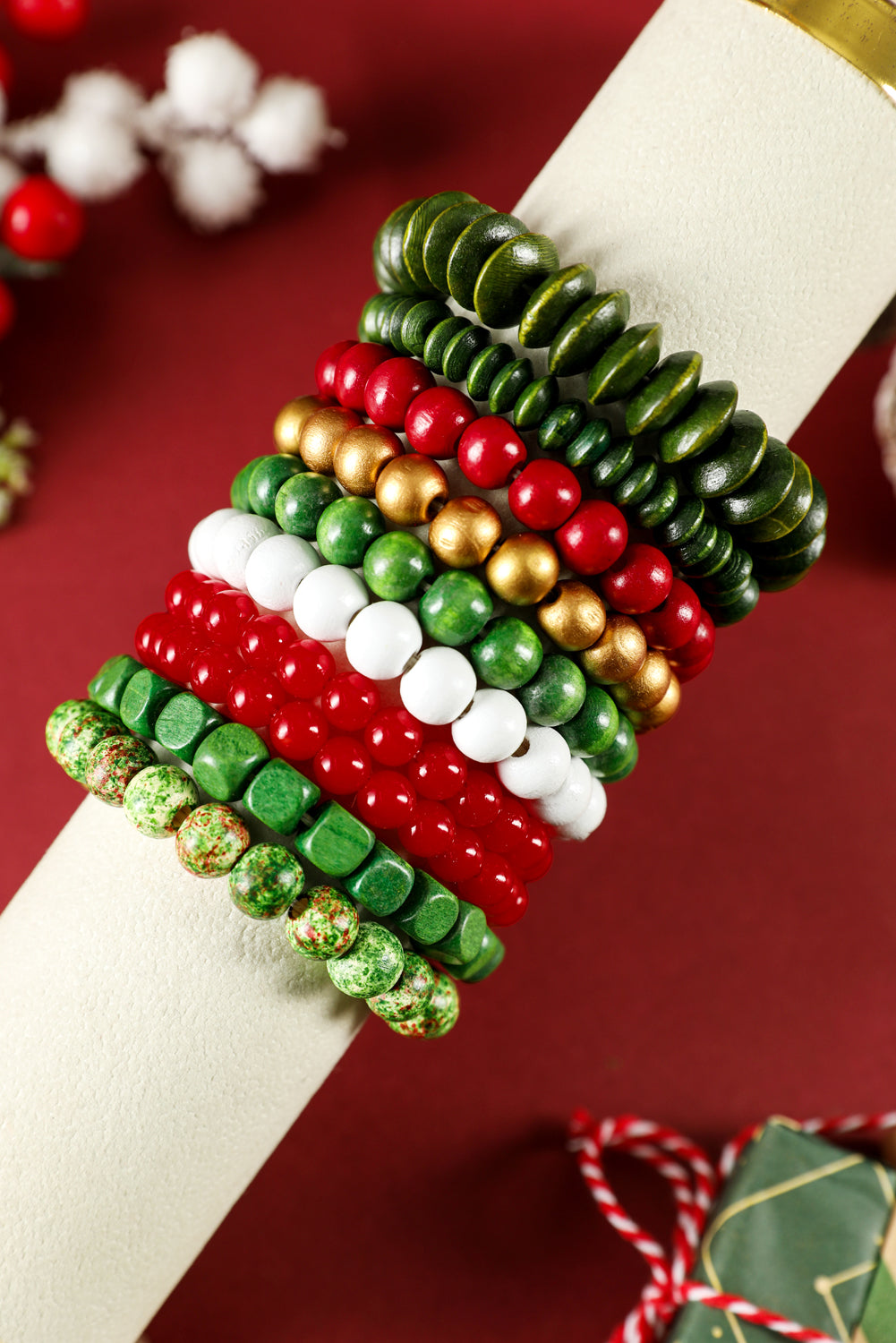 Fiery Red Christmas 10pcs Beaded Stackable Bracelet Set