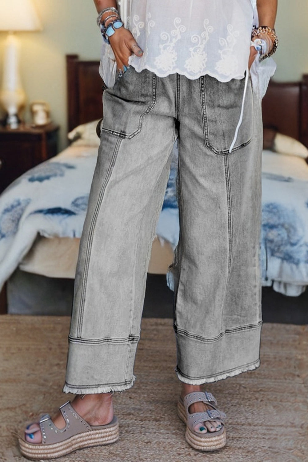 Gray Drawstring Seam Detail Raw Hem Wide Leg Jeans