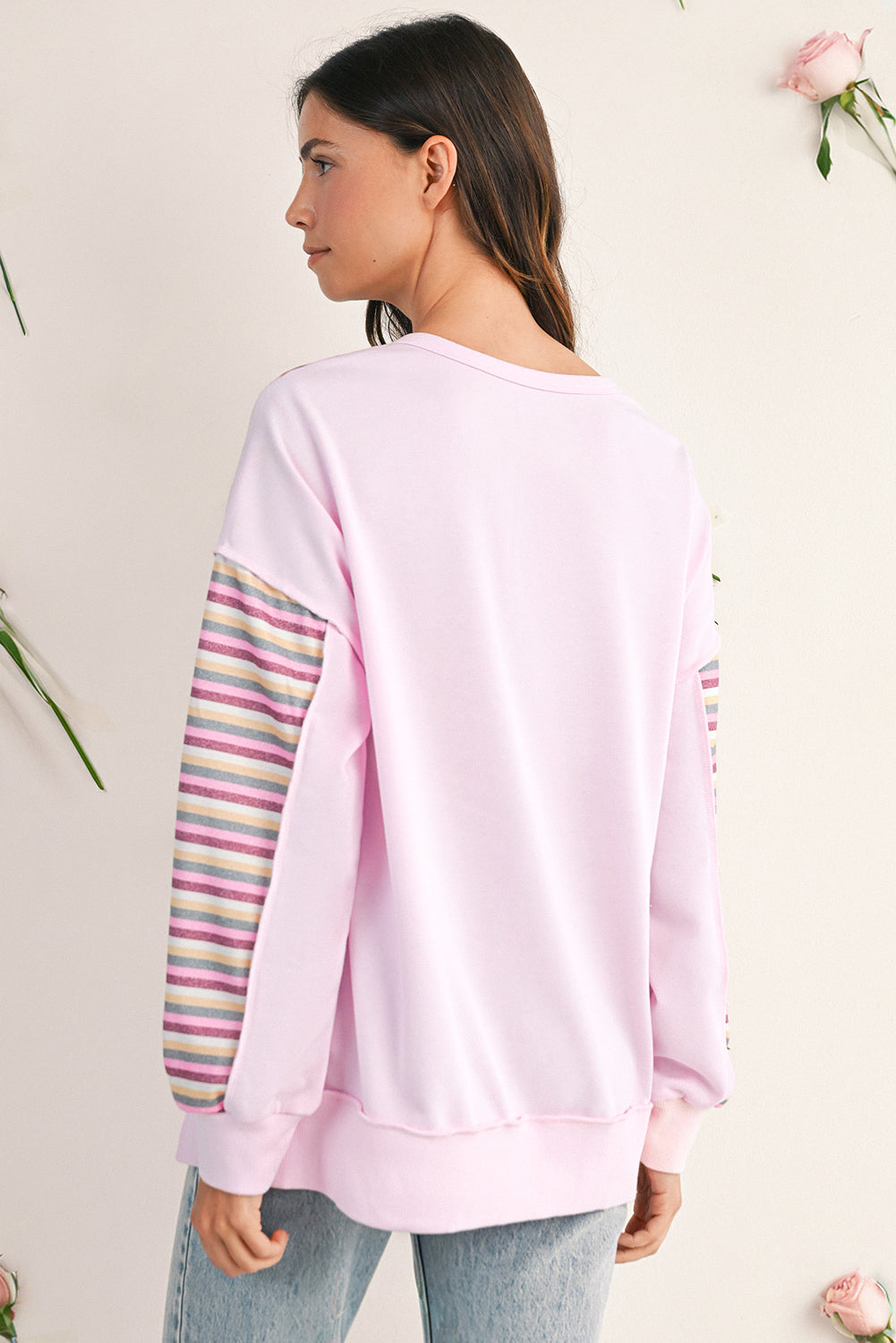 Pink Striped Patchwork Button V Neck Pullover Sweatshirt