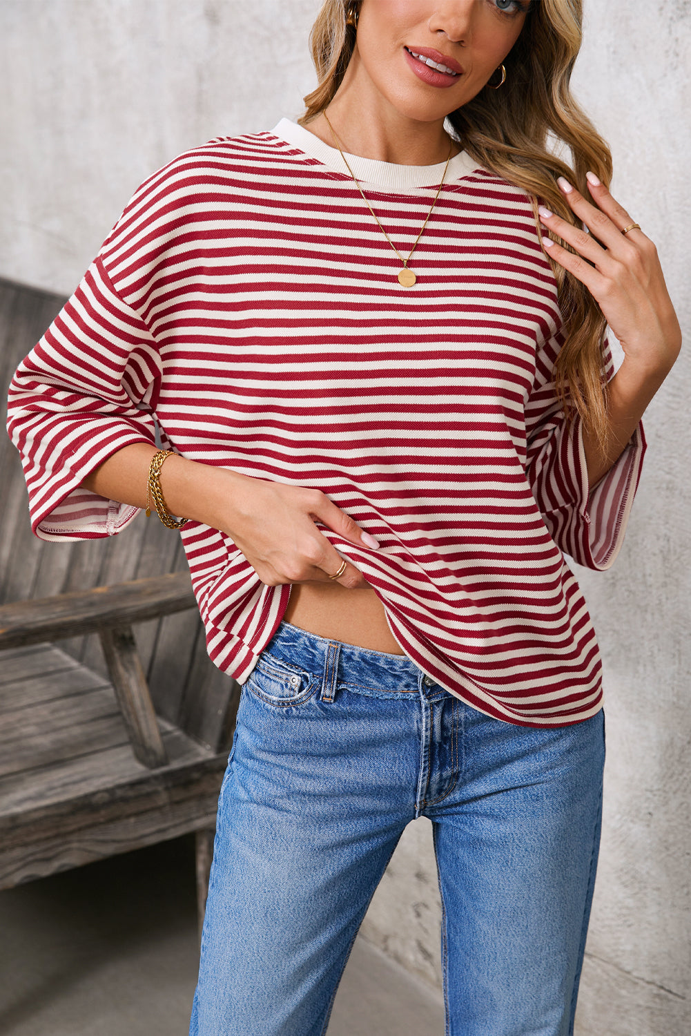 Pink Striped Bowknot Backless Drop Sleeve T-Shirt