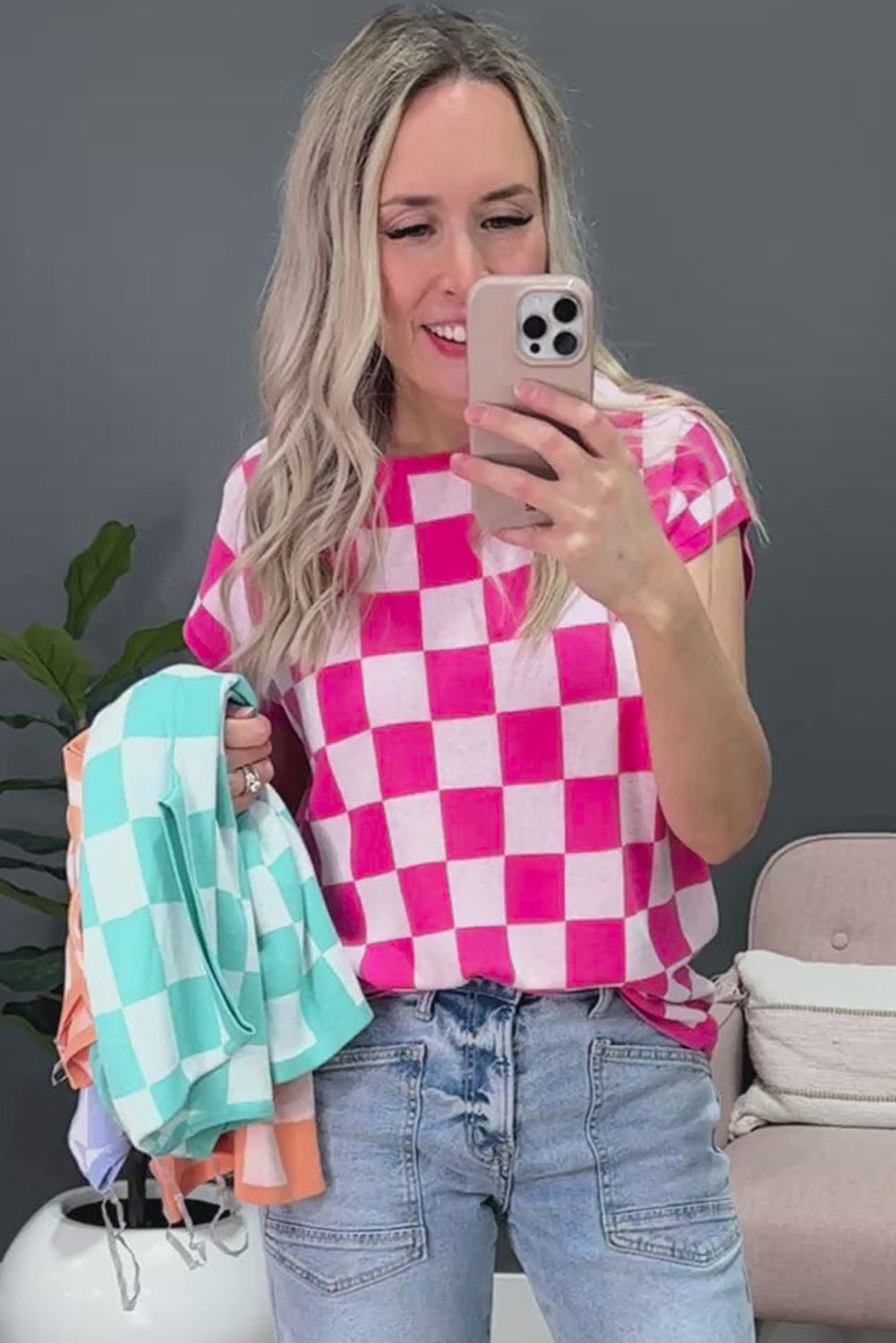 Rose Checkered Pattern Cap Sleeve Knitted Top