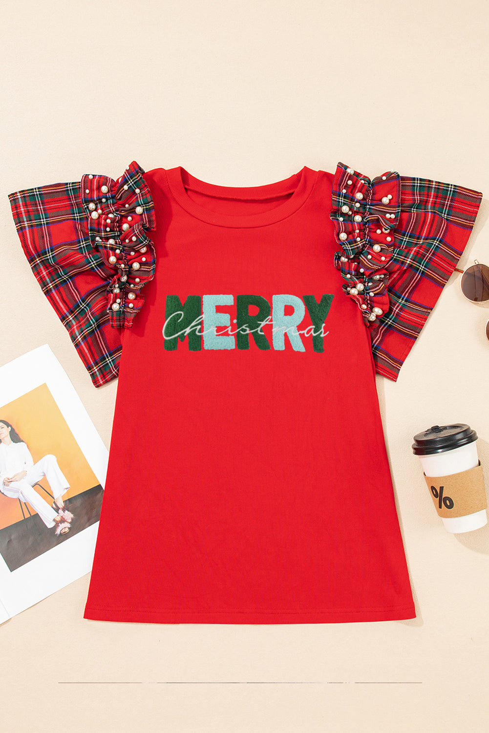 Racing Red MERRY Letter Terry Flocking Pearled Plaid Ruffled Sleeve Patchwork Tee