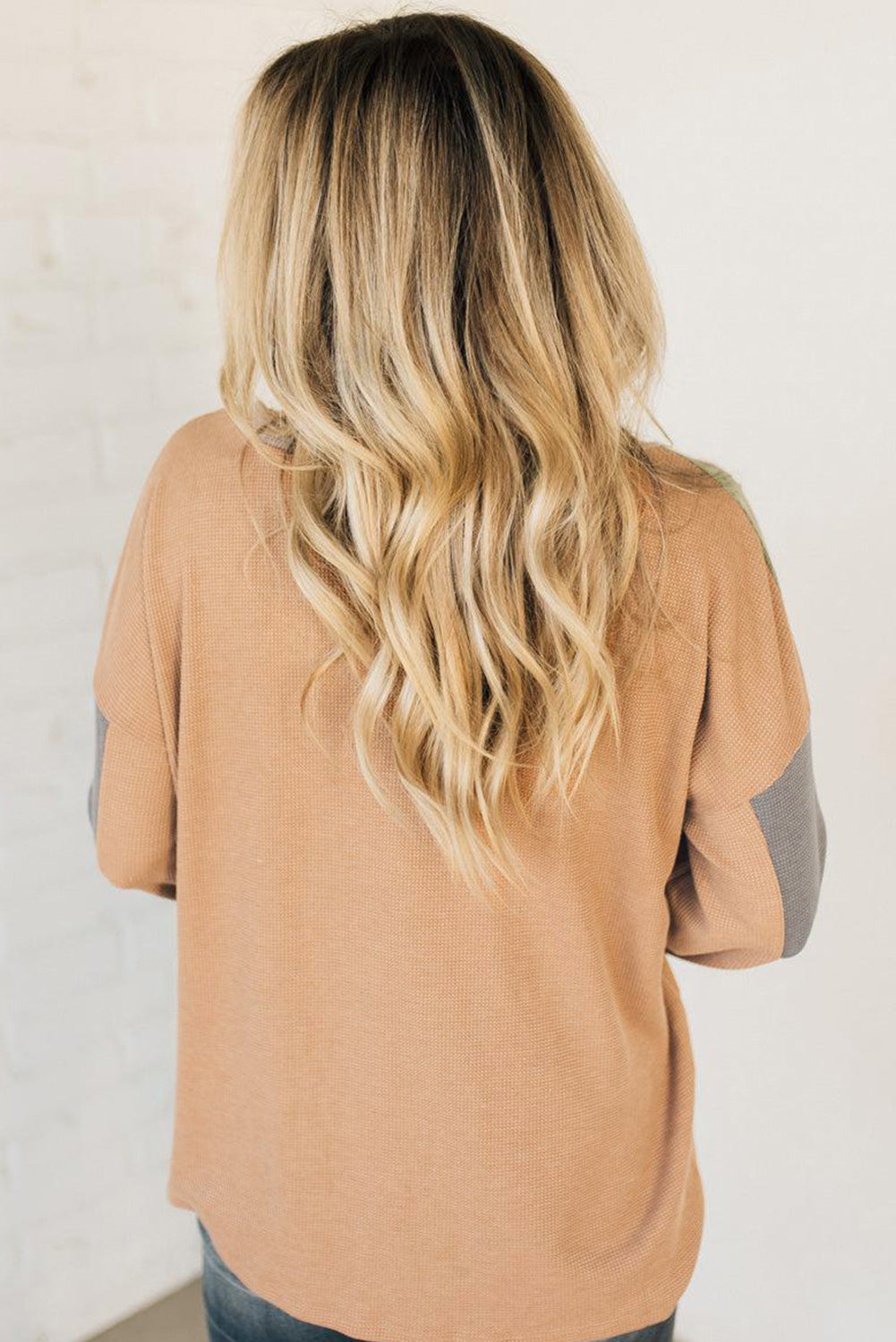 Buckskin Colorblock Thermal Waffle Knit Drop Shoulder Henley Top