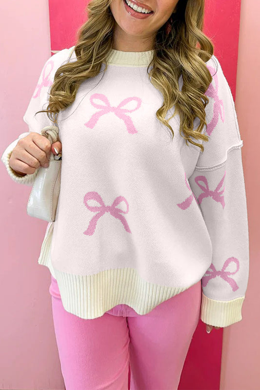 Pink Bow Print Exposed Seam Drop Sleeve Sweater