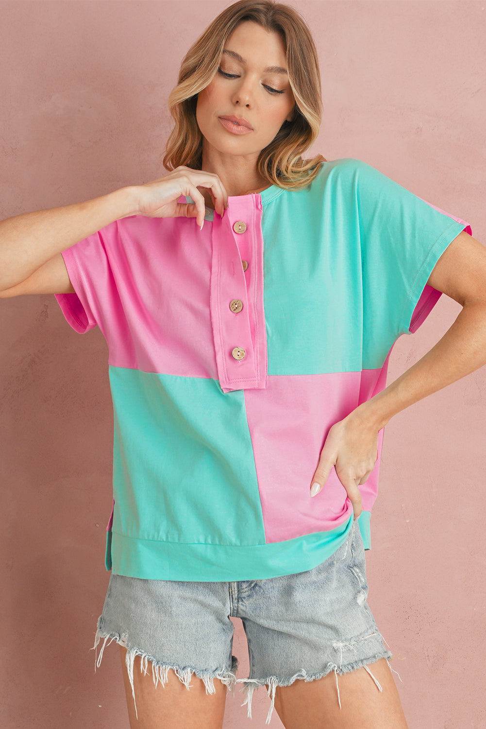 Pink Colorblock Half Buttons Henley T Shirt