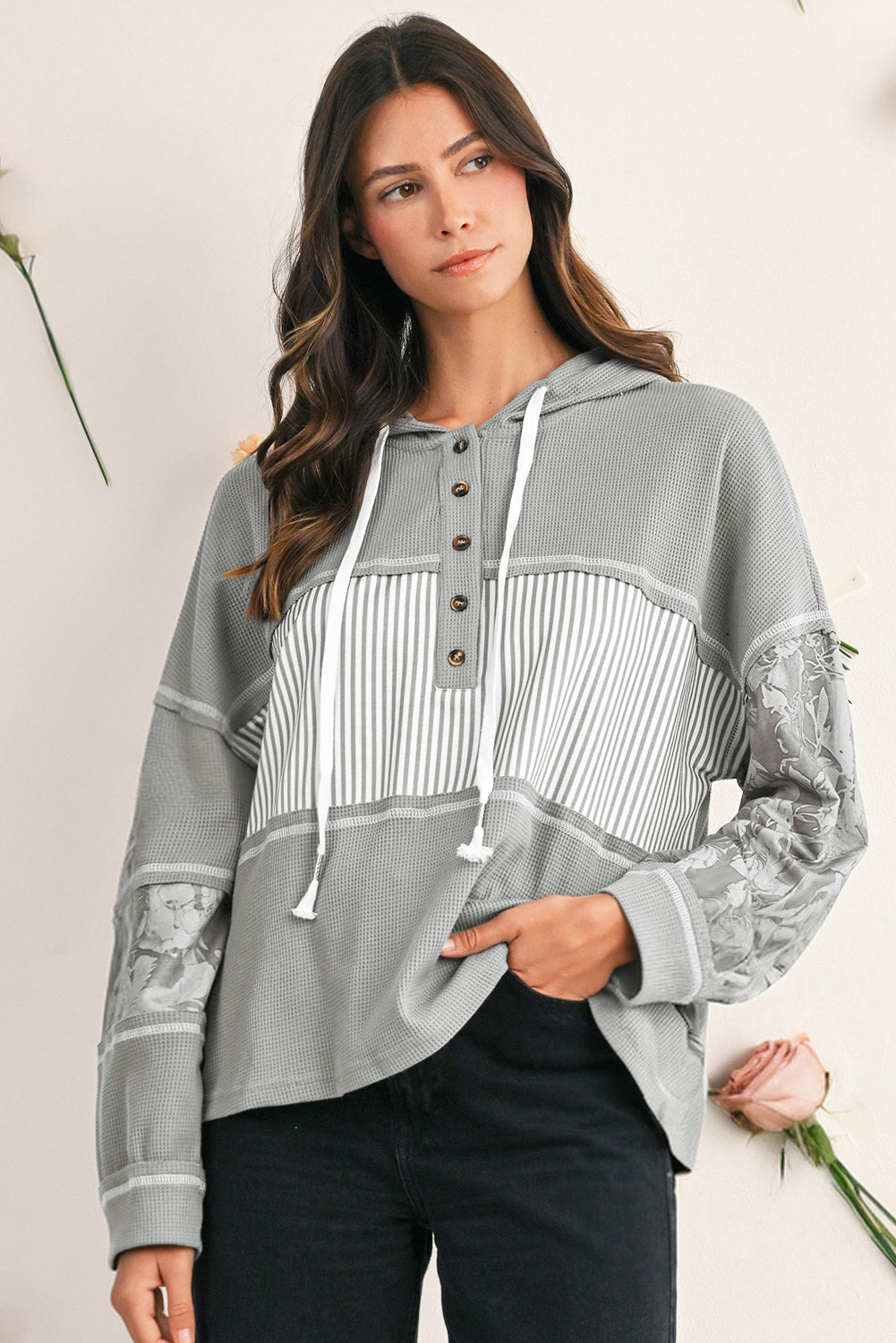 Gray Waffle Patchwork Drawstring Hooded Long Sleeve Top