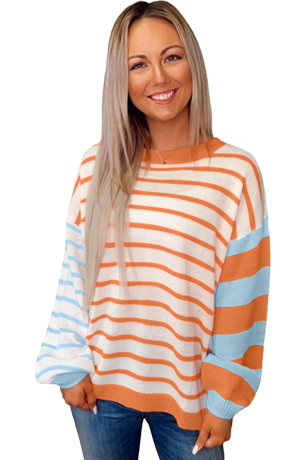 Gray Striped Colorblock Pullover Sweater