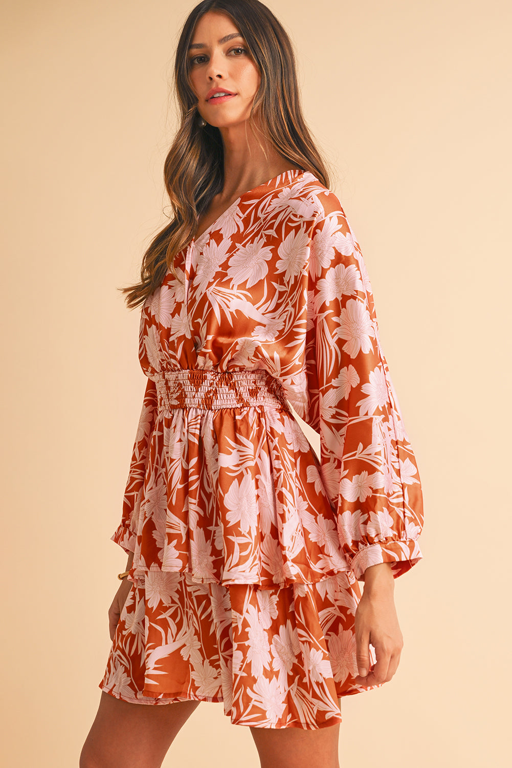 Brown Floral Puff Sleeve Shirred Waist Layered Dress