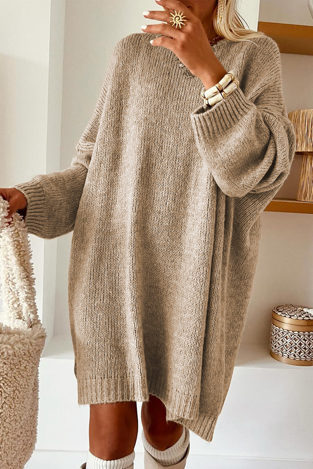 Pale Khaki Exposed Seam Drop Shoulder Oversize Sweater Mini Dress