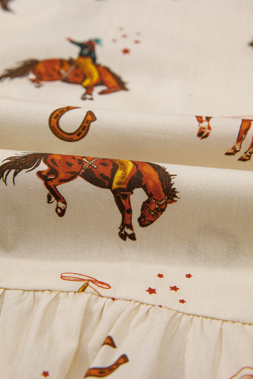 Apricot Rodeo Print Tied Front Puff Sleeve Peplum Top