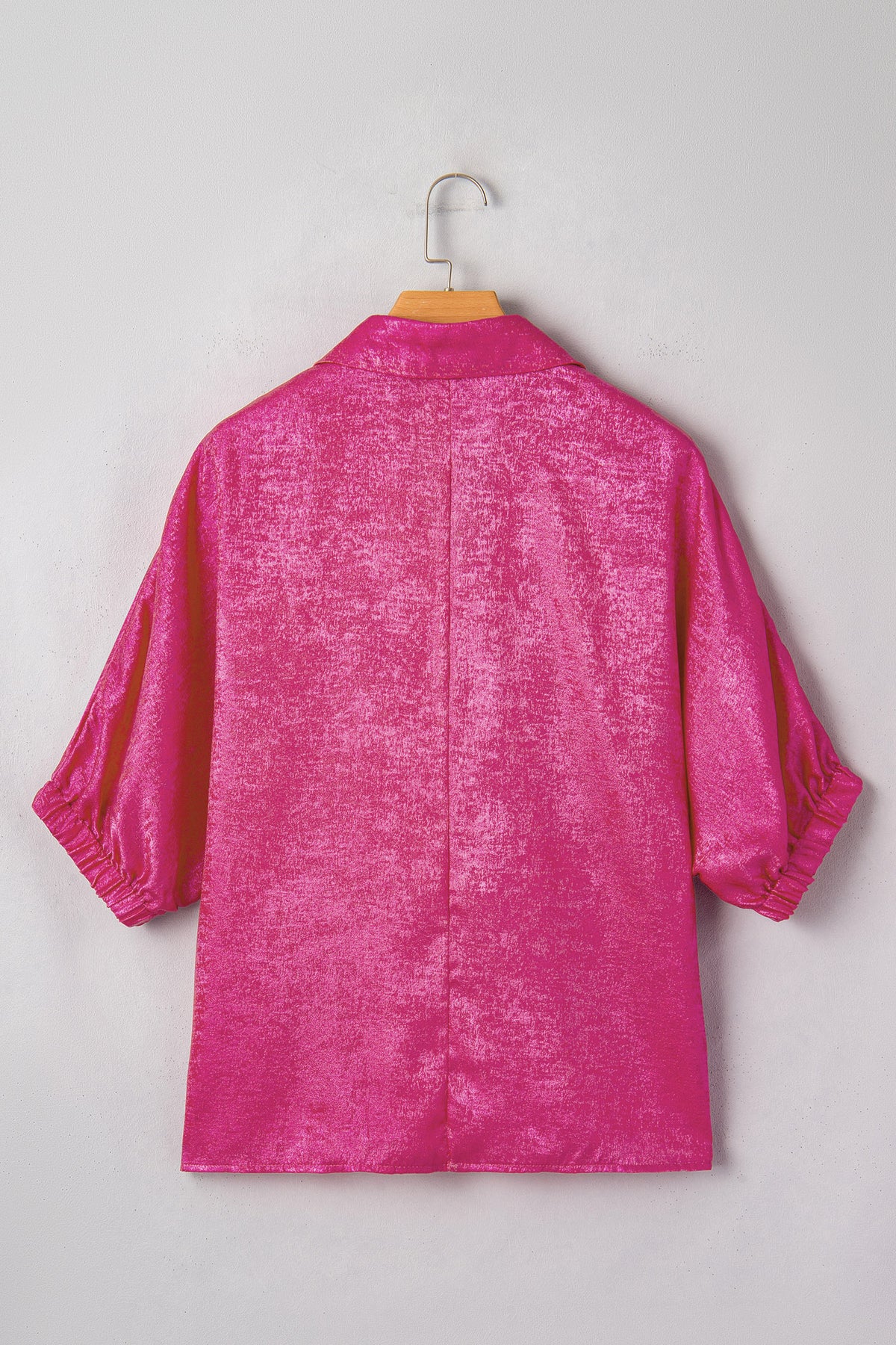 Strawberry Pink Collared V Neck Half Sleeve Metallic Top