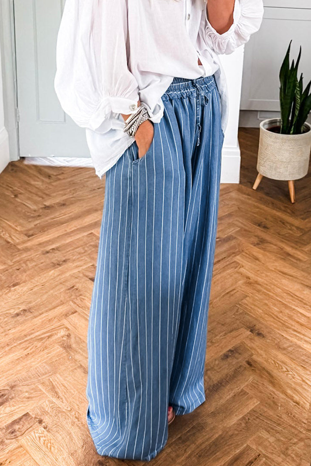 Sky Blue Stripe Chambray Wide Leg Tied Elastic Waist Trousers