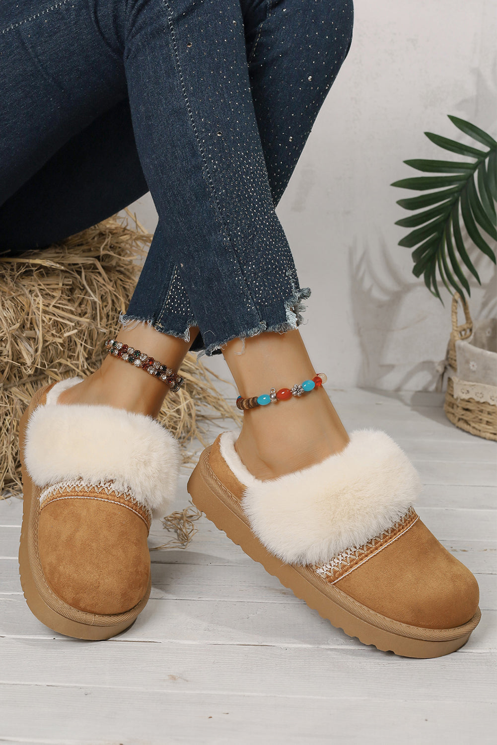 White Suede Fuzzy Winter Warm Platform Slippers