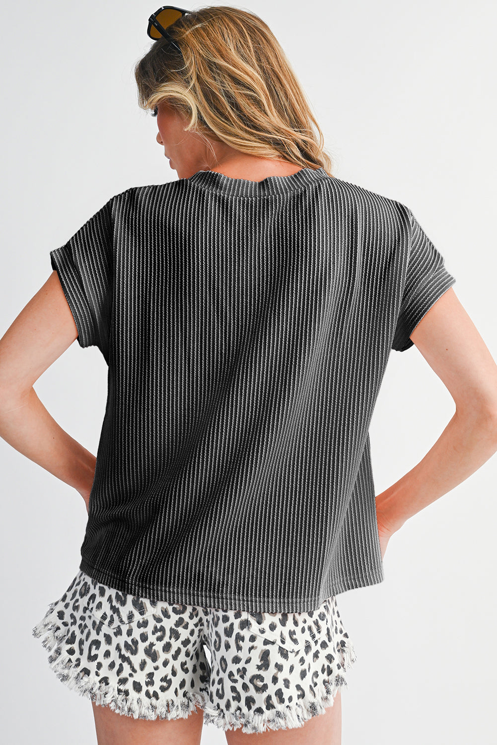 Pink Corded Colorblock Pocket Crew Neck T Shirt