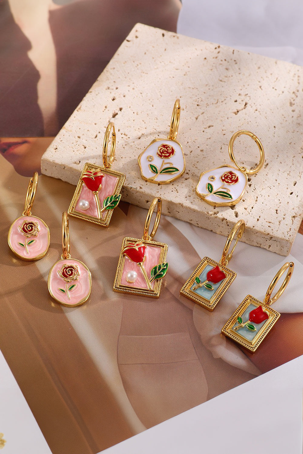 Gold Enamel Rose Pearl Rectangle Dangle Earrings