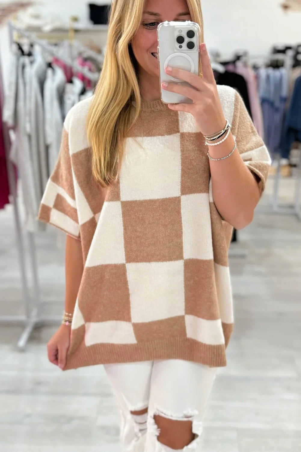 Black Checkered Pattern Loose Short Sleeve Sweater