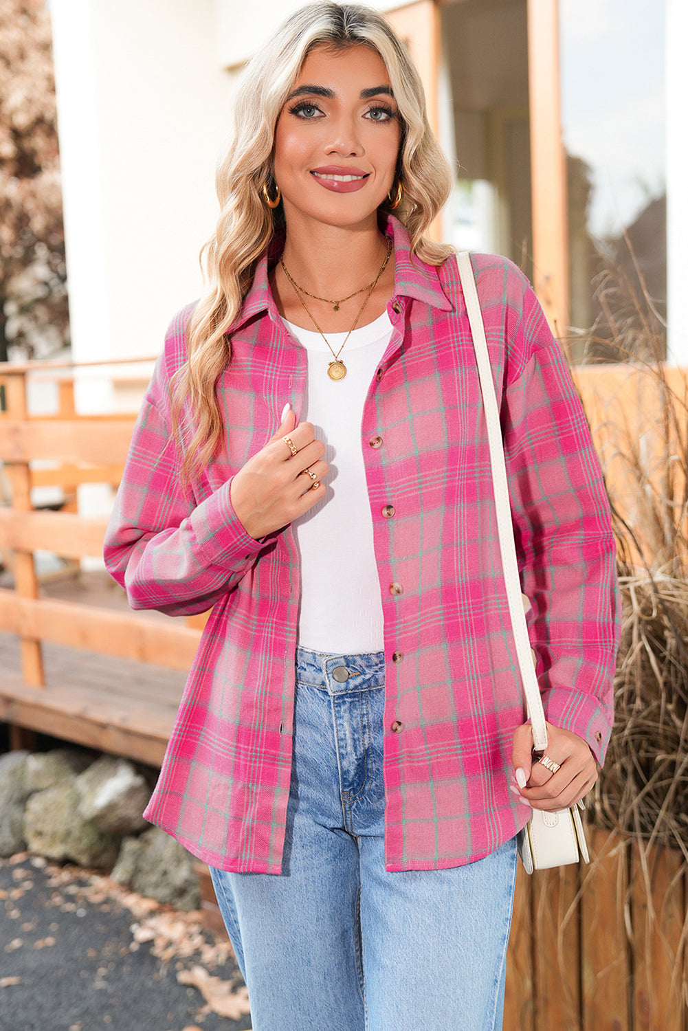 Sachet Pink Plaid Rounded Hem Long Sleeve Shirt Shacket