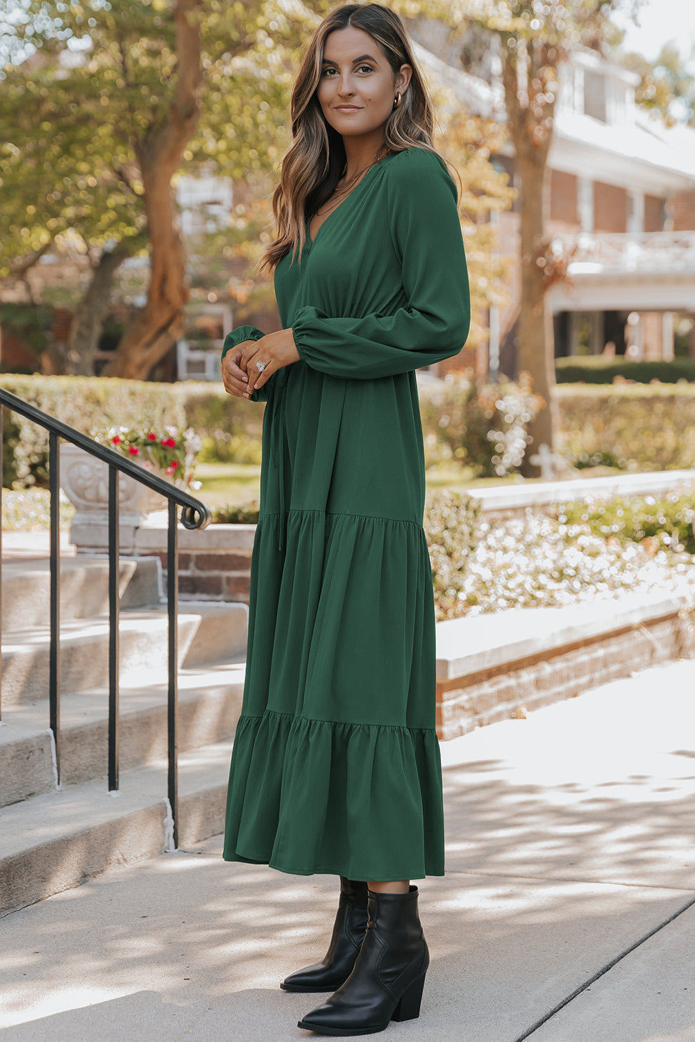 Burgundy Solid Long Sleeve Button V Neck Tiered Maxi Dress