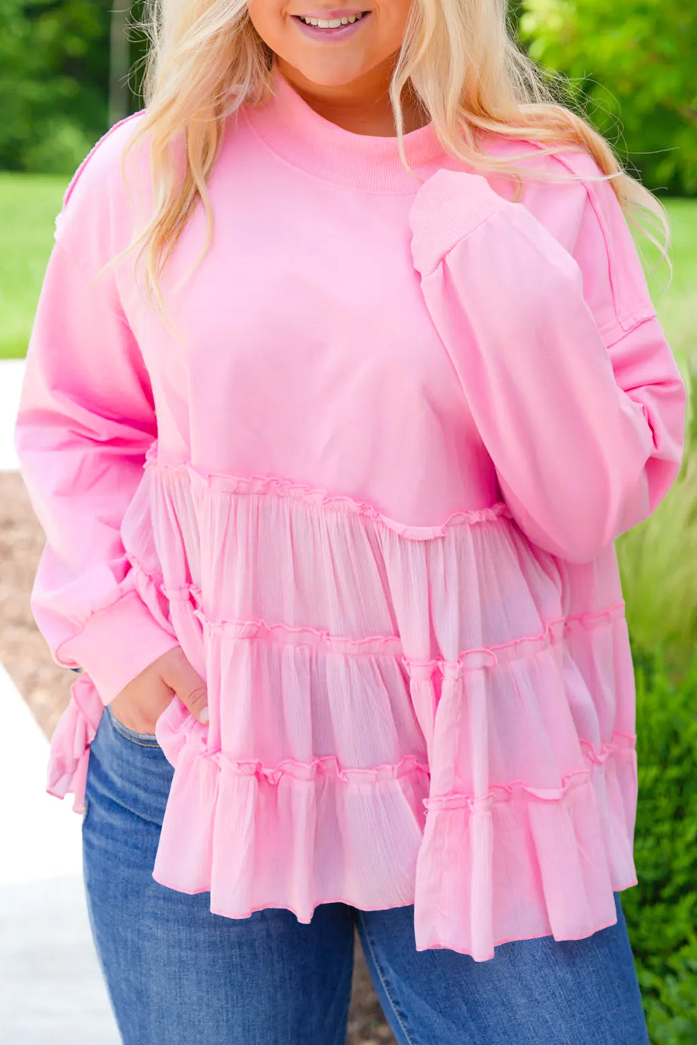 Pink Frill Tiered Patchwork Ribbed Trim Flowy Plus Size Top