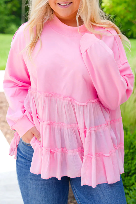 Pink Frill Tiered Patchwork Ribbed Trim Flowy Plus Size Top