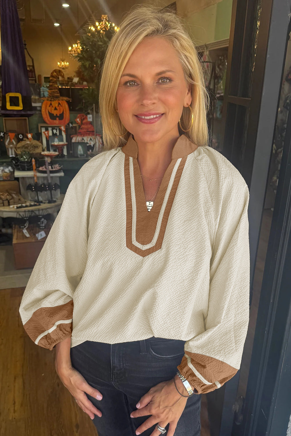 Jet Stream Colorblock Contrast V-neck Long Sleeve Blouse