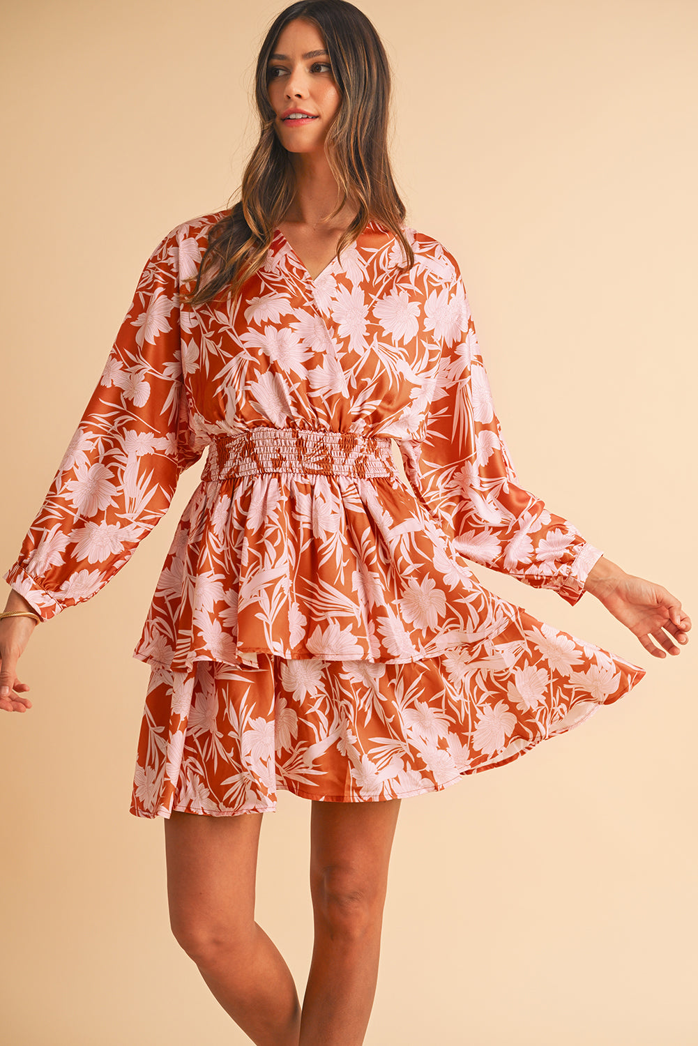 Brown Floral Puff Sleeve Shirred Waist Layered Dress
