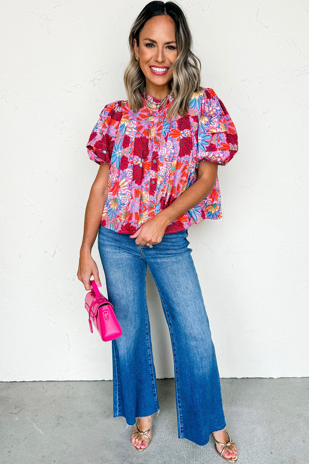 Pink Floral Print Bubble Sleeve Button Up Pleated Shirt