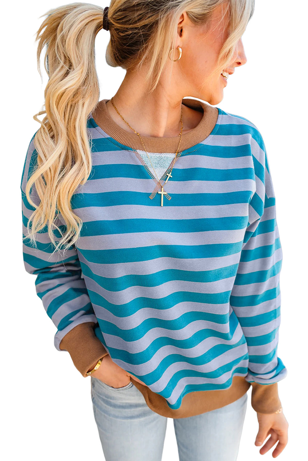 Sky Blue Stripe Contrast Color Ribbed Trim Round Neck Drop Shoulder Sweatshirt