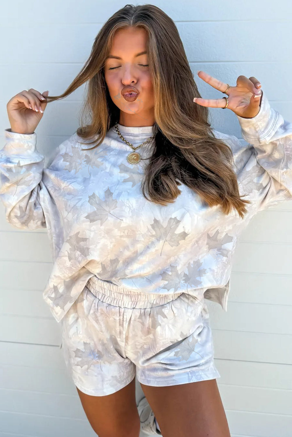 Beige Abstract Maple Leaf Print Long Sleeve Top Elastic Waist Shorts Set