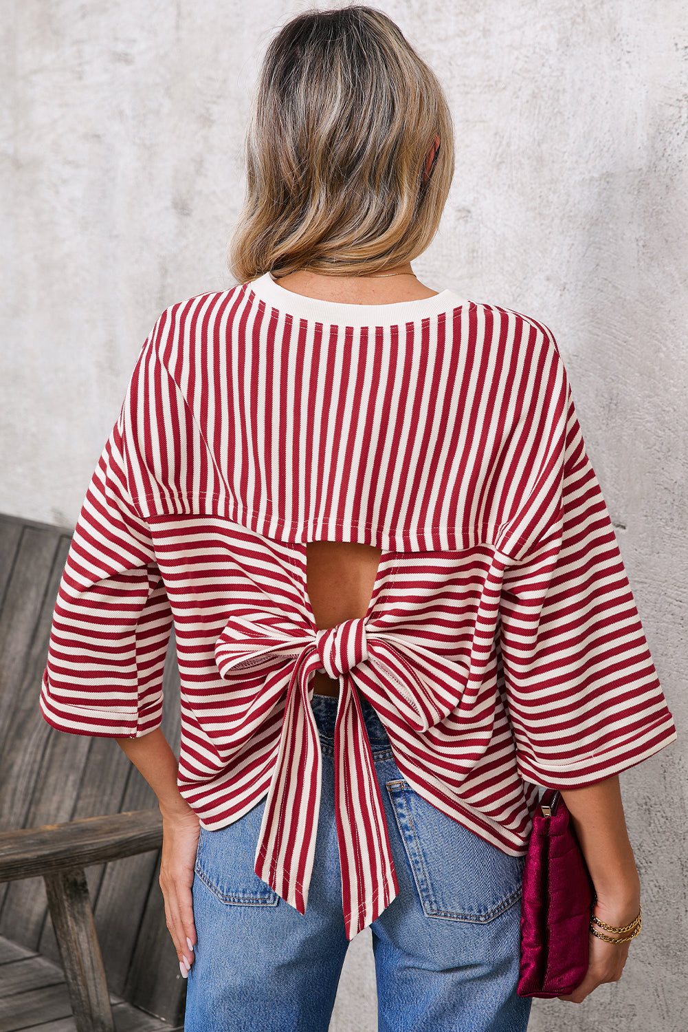 Pink Striped Bowknot Backless Drop Sleeve T-Shirt