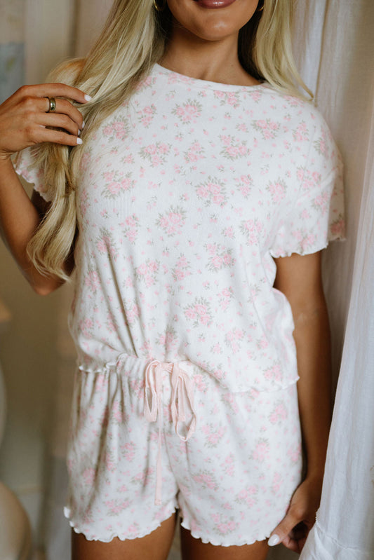 Pink Floral Print Lettuce Trim Tee and Shorts Pajama Set