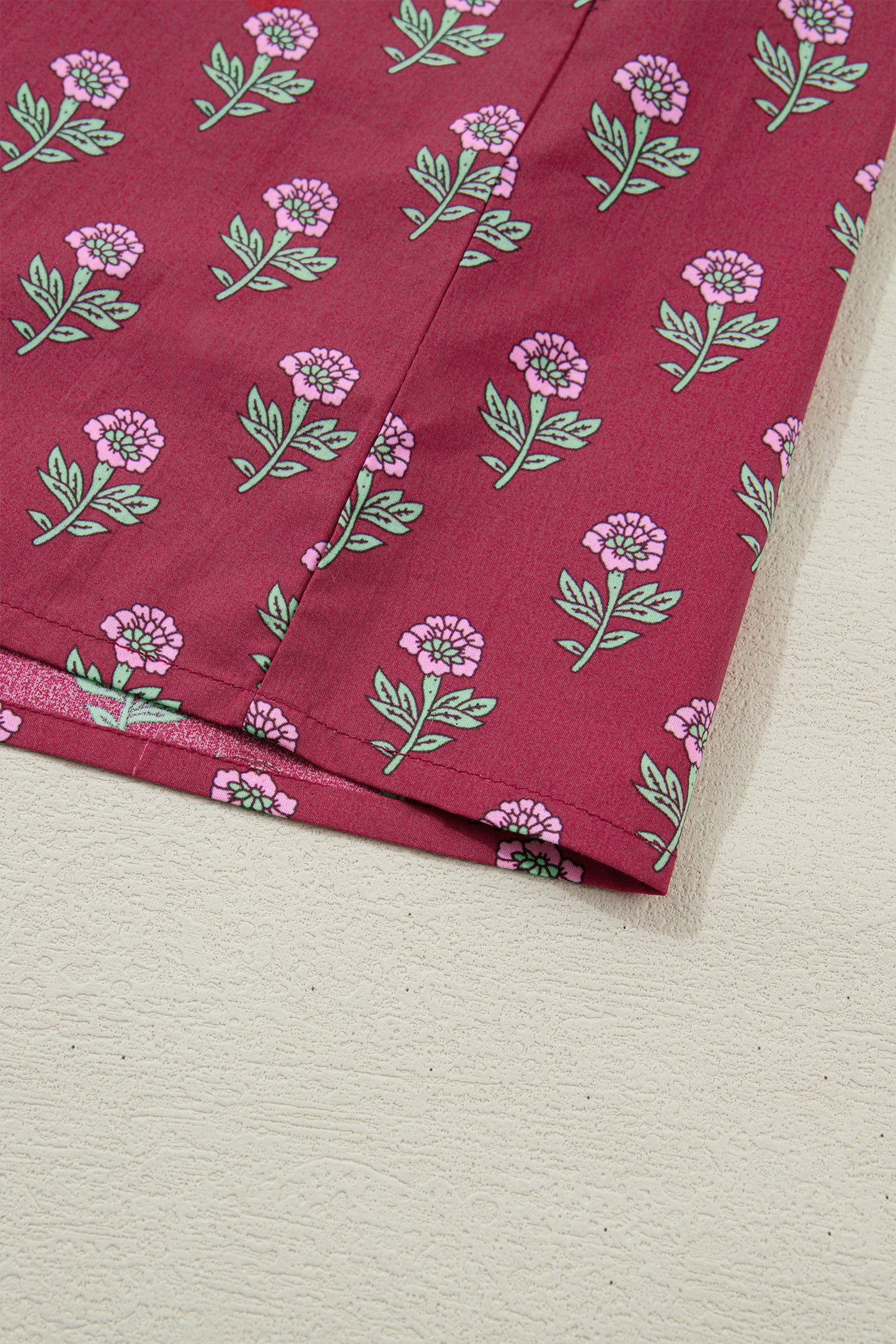 Red Contrast Collared V Neck Ricrac Trim Short Puff Sleeve Flower Blouse