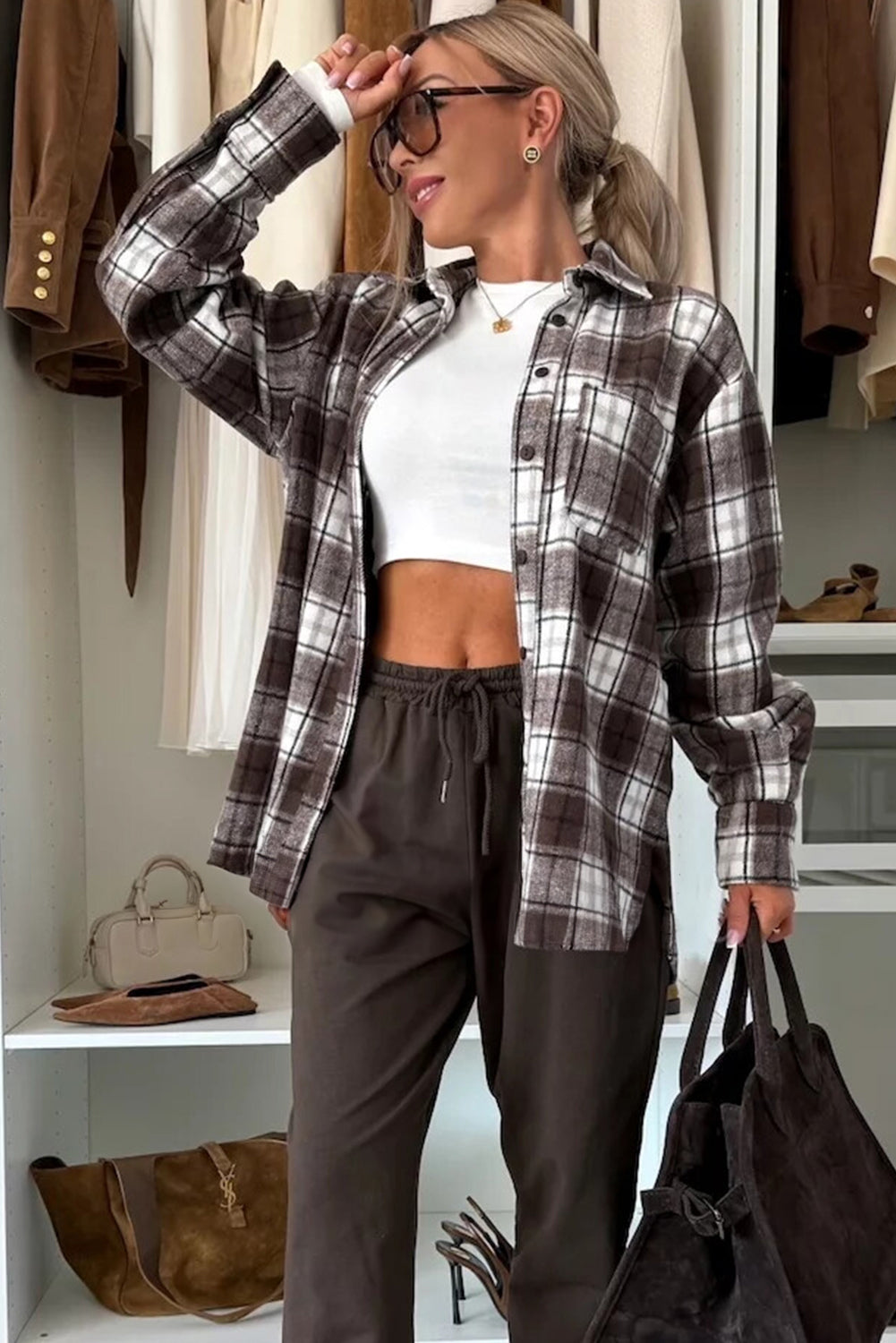 Dark Brown Flannel Plaid Chest Pocket Boyfriend Jacket
