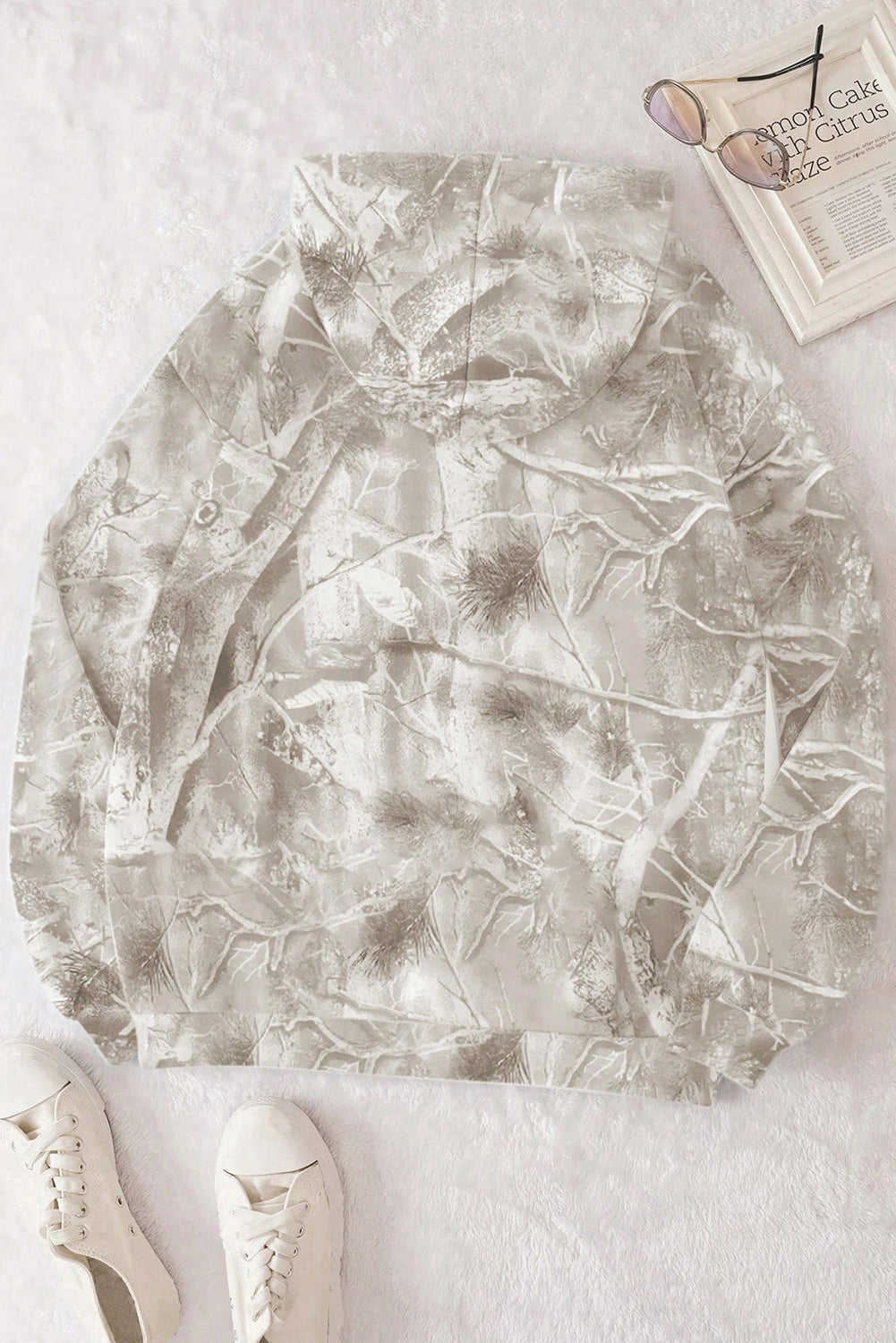 Light Pink Camouflage Plant Print Kangaroo Pocket Oversized Hoodie