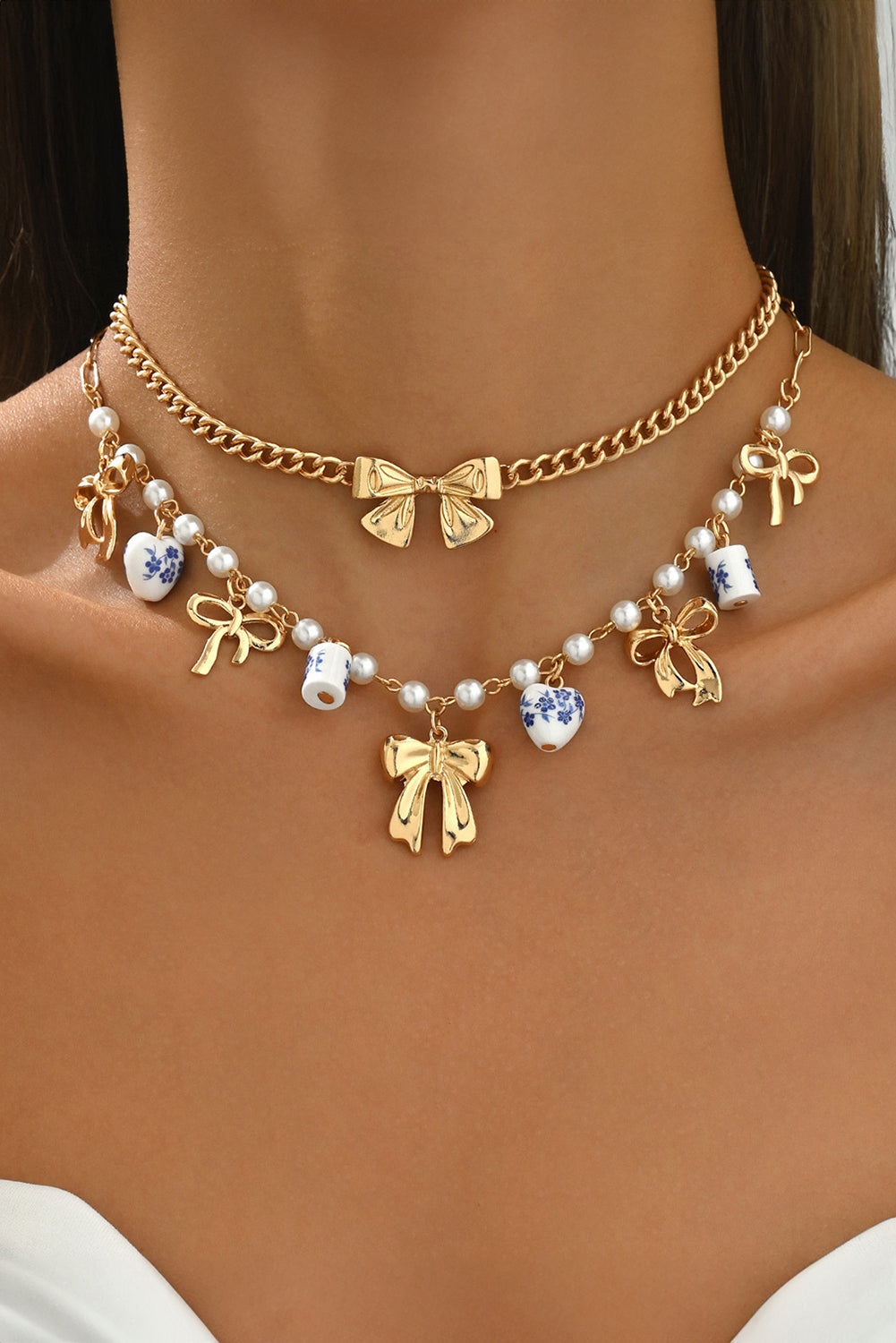 Gold 2pcs Pearl Bow Ceramic Pendants Chain Necklace Set