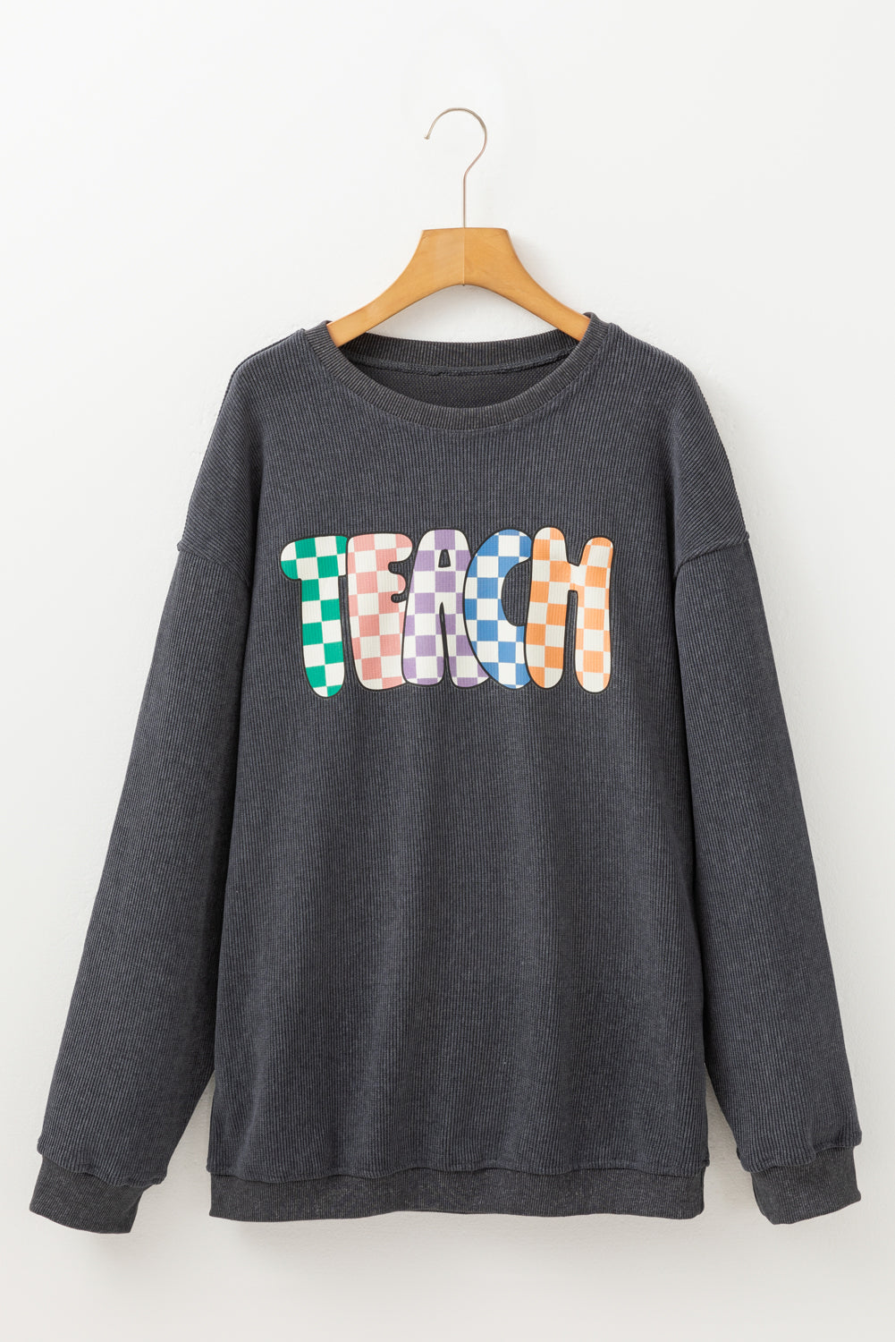 Gray Checkerboard TEACH Graphic Corded Crew Neck Sweatshirt
