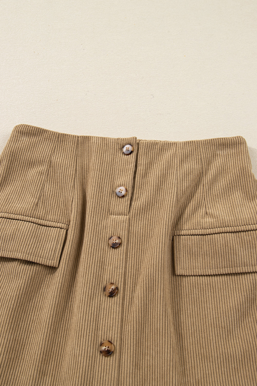 Camel Corduroy Buttoned Front Faux Pockets Mini Skirt