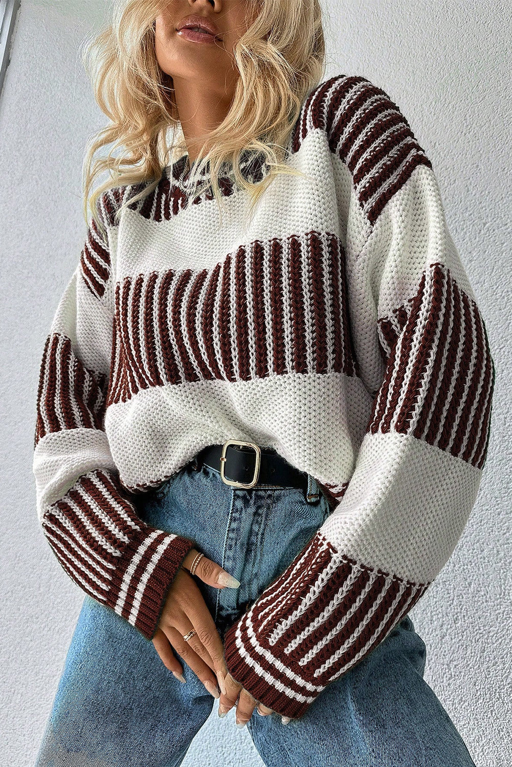 Khaki Two Tone Striped Patchwork Drop Shoulder Sweater