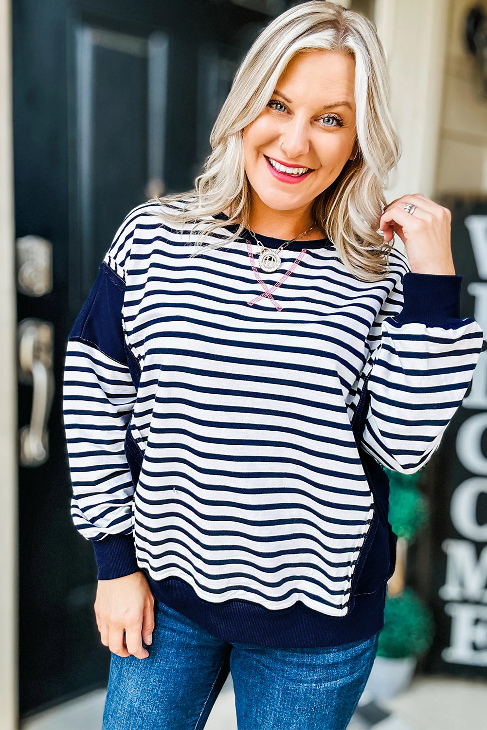 Blue Stripe Contrast Stitched Detail Color Block Patchwork Plus Size Sweatshirt